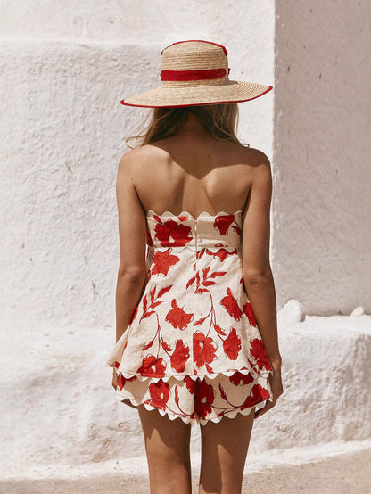 Women Fashion Casual Linen Floral Tube Top Set