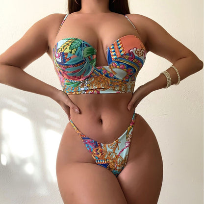 Maillot de bain bikini sexy à lacets et imprimé floral tropical pour femme