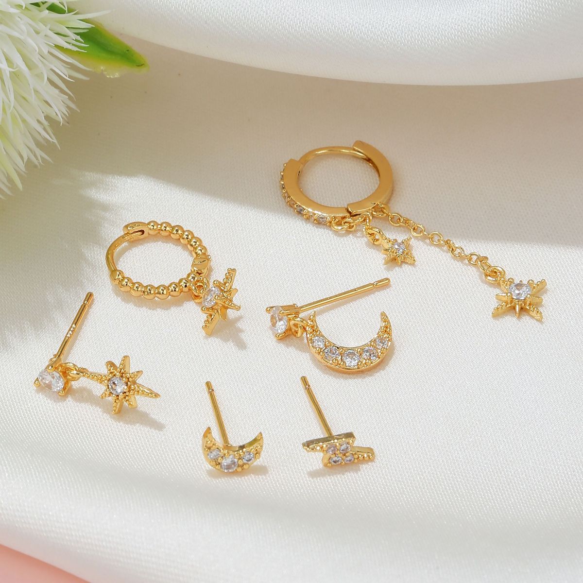 Women Fashion Zircon Star Moon Chain Tassel Earrings Set