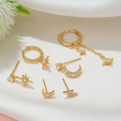 Women Fashion Zircon Star Moon Chain Tassel Earrings Set