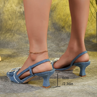 Sandales élégantes à talons pointus en denim avec strass