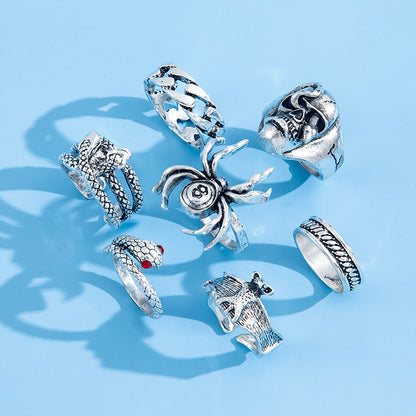 Conjunto de anillos de esqueleto gótico punk creativo de dos cabezas para mujer