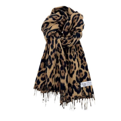Écharpe à pompons léopard vintage pour femme, accessoire de mode élégant