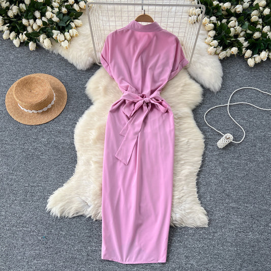 Women Fashion Casual Solid Color Pleated Dress