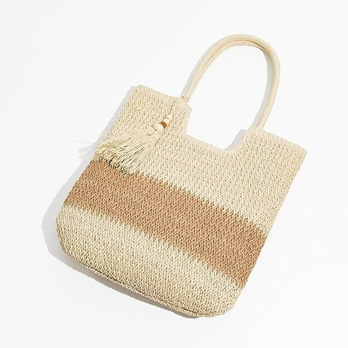Women Casual Contrast Color Straw Woven Tote Bag