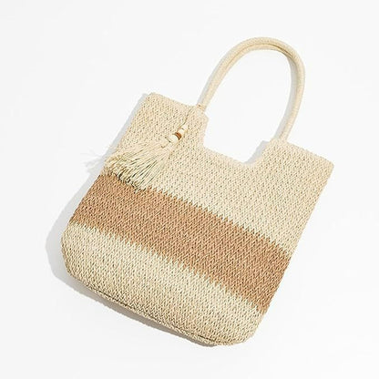 Women Casual Contrast Color Straw Woven Tote Bag
