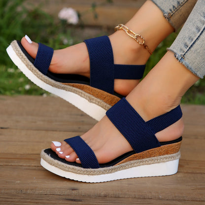 Sandales compensées décontractées en corde de chanvre de couleur unie pour femmes