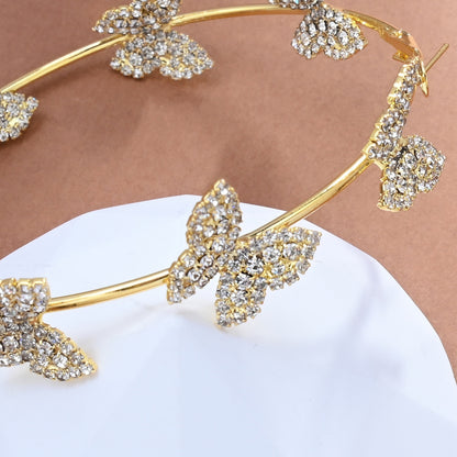 Fashion Exaggerated Rhinestone Butterfly Hoop Earrings in Gold
