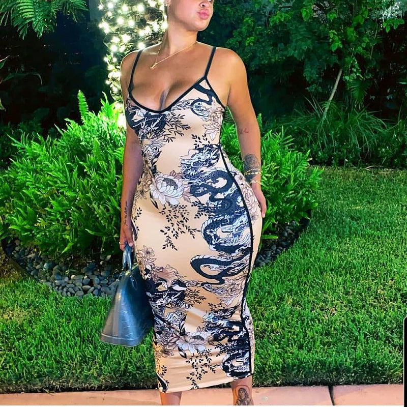 Vestido maxi ajustado con tirantes y estampado sexy para mujer, sin mangas, cintura alta, poliéster