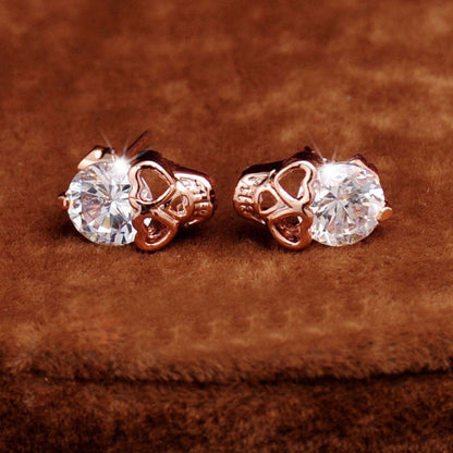 Women Rose Gold Tone Crystal Skull Stud Earrings