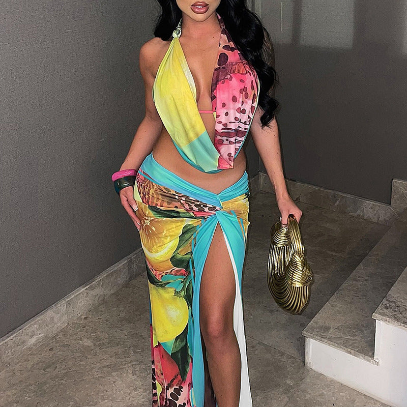 Women Fashion Sexy Printed Halter-Neck Crop Top Split Skirts Two-Piece Set