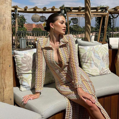 Women Bohemian Crochet Cutout V-Neck Side Slit Maxi Dress