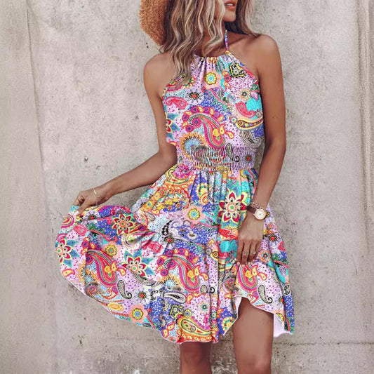 Summer Women Fashion Bohemian Halter Neck Sleeveless Dress