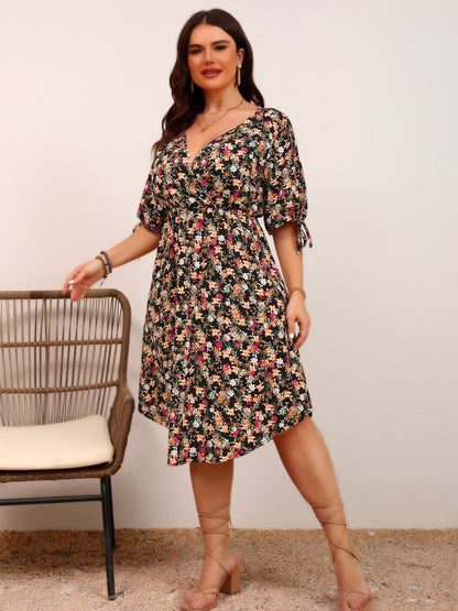 Women Fashion Elegant Plus Size Floral V-Neck Dress