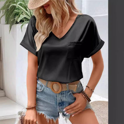 T-shirt ample à manches courtes et col en V en satin pour femme