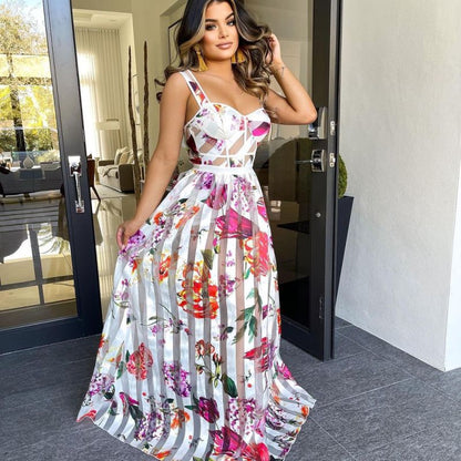Robe longue d'été bohème élégante sans manches en maille florale pour femme