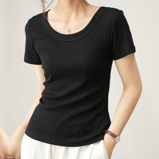 Women Simple Solid Color Round Neck Short Sleeve Blank T-Shirt