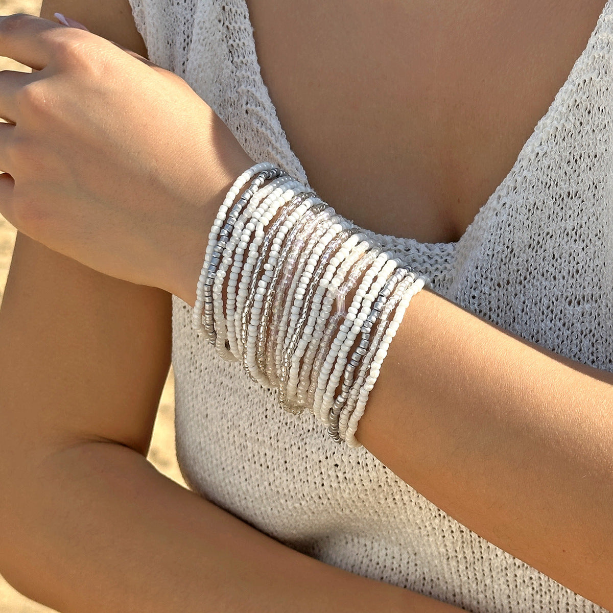 Women Fashion Boho Beach Contrast Bead Multi-Layer Stacked Bracelet