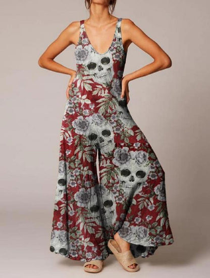 Combinaison vintage décontractée à imprimé tête de mort pour femme, style Halloween