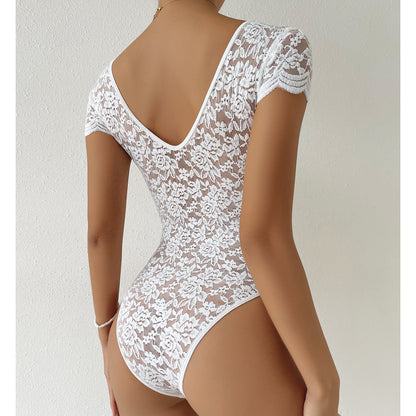 Body dos nu en dentelle couleur unie à décolleté en V profond pour femme