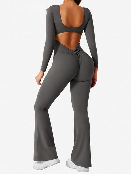 Women Fashion Casual Solid Color Square Neck Long-Sleeve Backless Jumpsuits