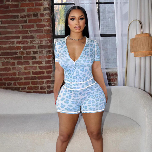 Women Fashion Sexy Leopard Short-Sleeve Zipper Hoodie Set