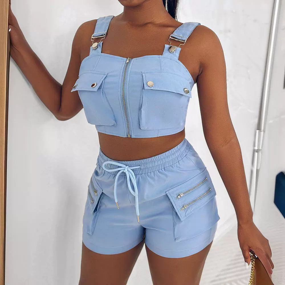 Women Fashion Sexy Solid Color Pockets Zipper Camisole Drawstring Shorts Two-Piece Set