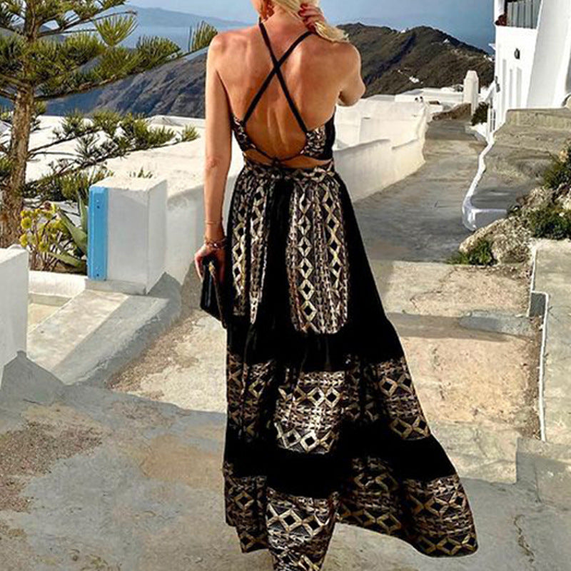 Women Fashion Bohemian Print Backless Maxi Dress