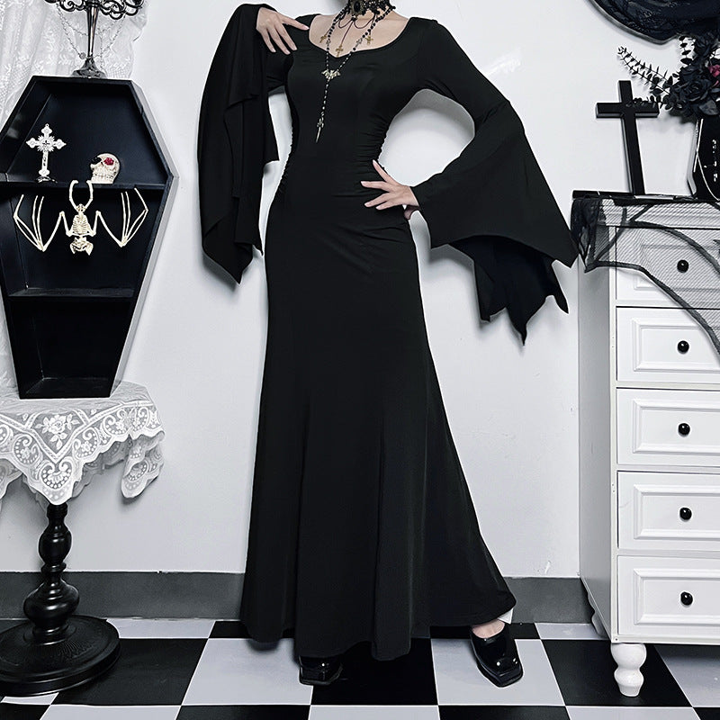 Robe longue à manches longues de style gothique pour femme, couleur unie