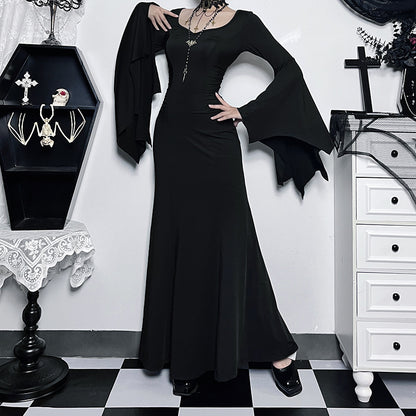 Robe longue à manches longues de style gothique pour femme, couleur unie