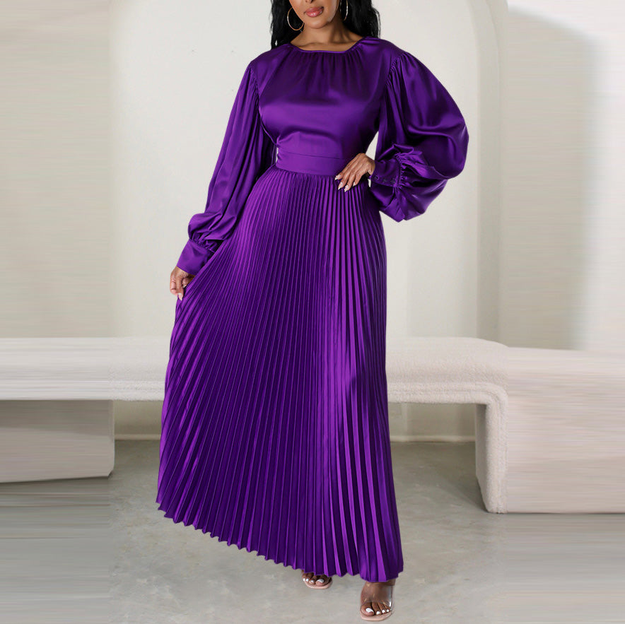 Vestido largo plisado de color liso con cuello redondo para mujer