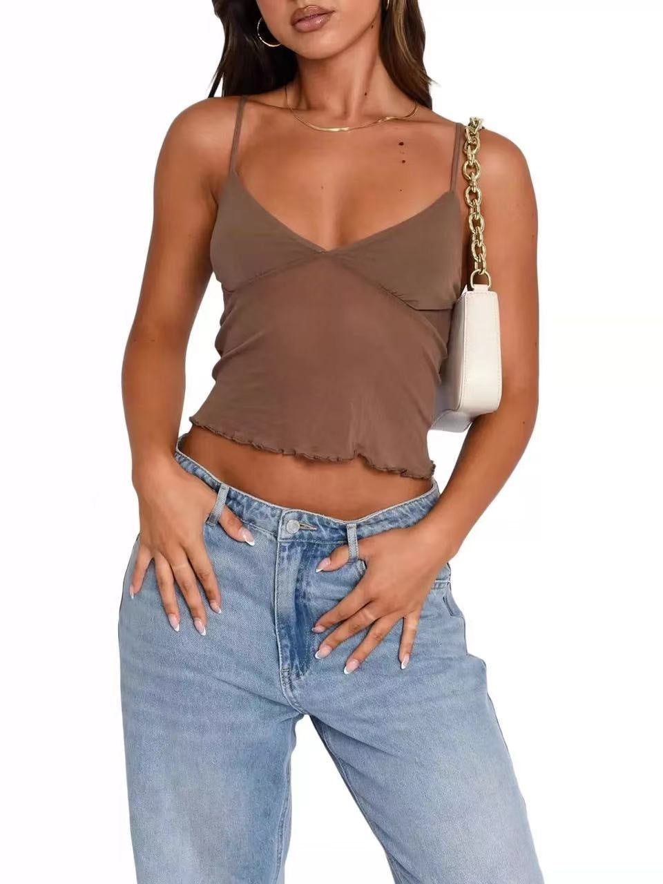Women Fashion Sexy Mesh Stitching Camisole Crop Top