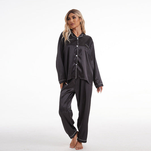 Conjunto de pijama de manga larga de seda helada con solapa informal y sencillo para mujer