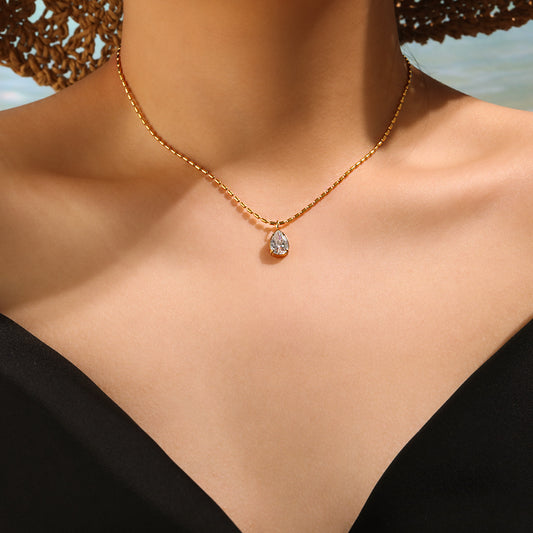 Women Fashion Titanium Steel Rhinestone Water Drop Necklace
