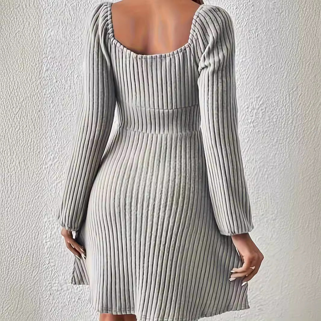 Vestido elegante de manga larga con cuello cuadrado y rayas de color liso para mujer