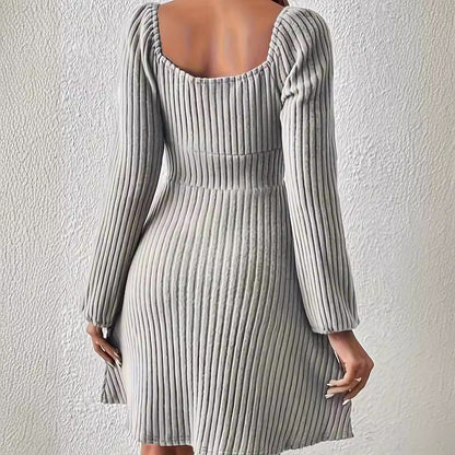 Vestido elegante de manga larga con cuello cuadrado y rayas de color liso para mujer