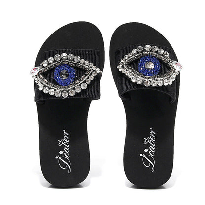 Pantuflas de ojo malvado con diamantes de imitación para mujer de talla grande