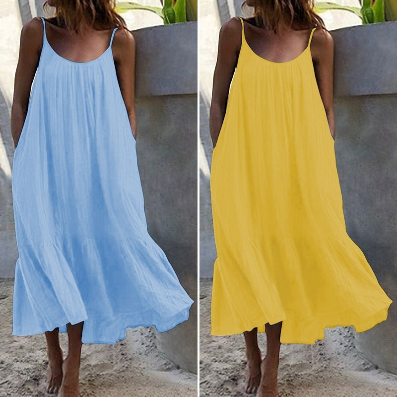 Vestido lencero holgado con volantes de color liso, estilo bohemio e informal para mujer