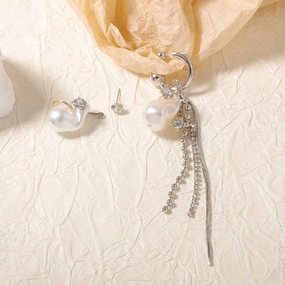 Women Fashion Asymmetric Zircon Long Tassel Earrings in Silver