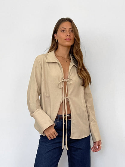 Camisa informal de manga larga con solapa y encaje para mujer de verano