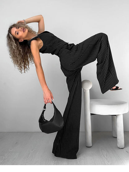 Women Fashion Casual Solid Color Stripe V-Neck Tank Set