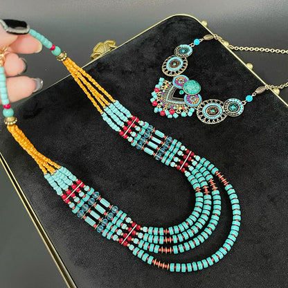 Bohemian Bead String Earrings Necklace Jewelry Suit
