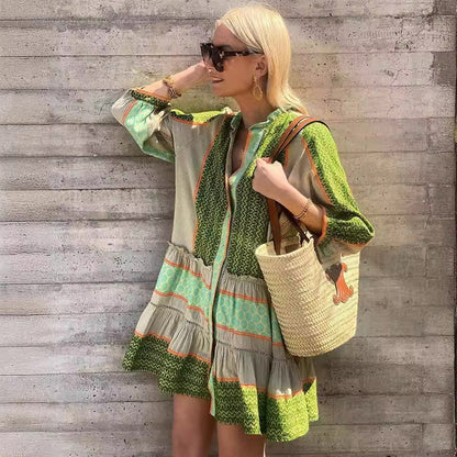 Vestido vintage bohemio de algodón y lino con estampado geométrico para mujer, manga larga