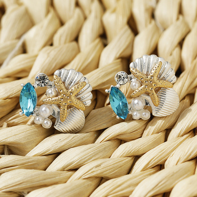 Pendientes de cristal con forma de estrella de mar, concha y perla para mujer, a la moda, para vacaciones, dorados y plateados.
