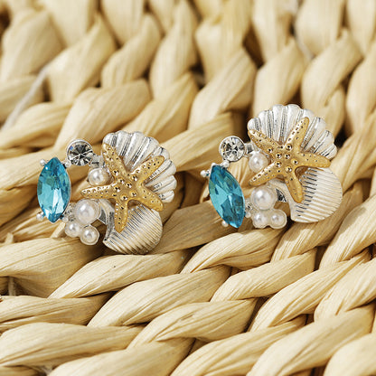 Pendientes de cristal con forma de estrella de mar, concha y perla para mujer, a la moda, para vacaciones, dorados y plateados.