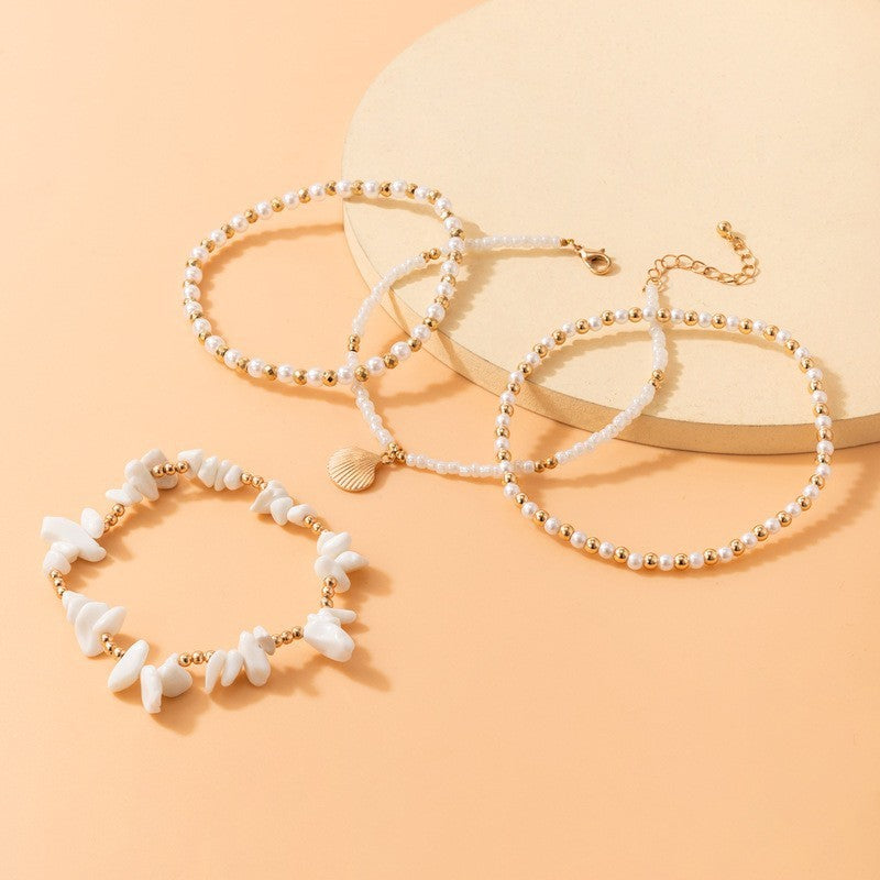 Conjunto de tobilleras con diseño de concha y perlas de imitación bohemias
