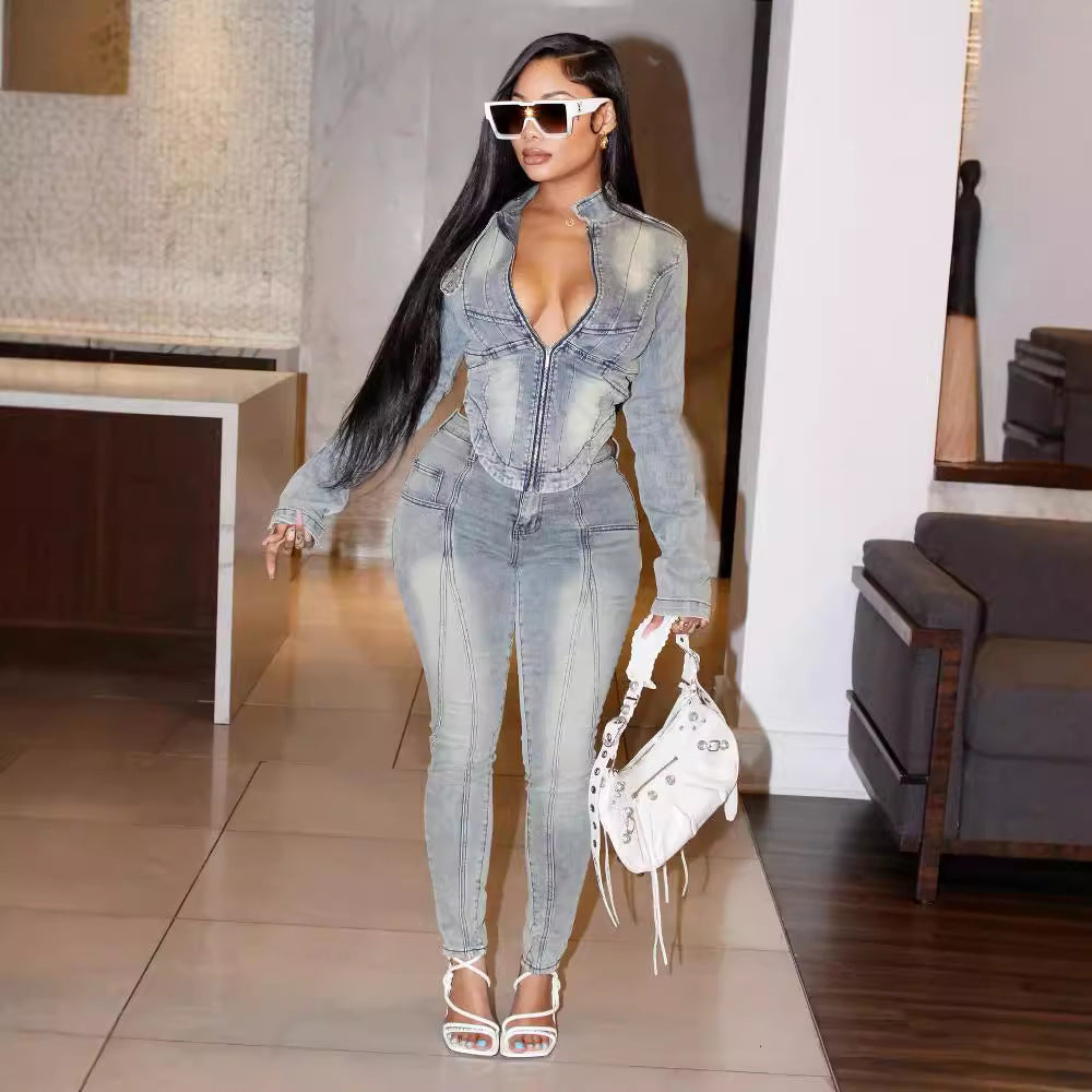Women Fashion Casual Irregular Zipper Long Sleeve Top Tight Jeans Set