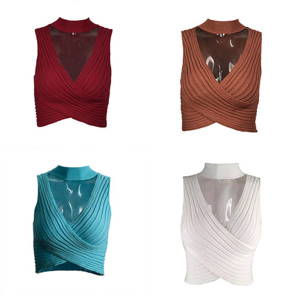 Top corto sexy de color sólido con cuello para mujer