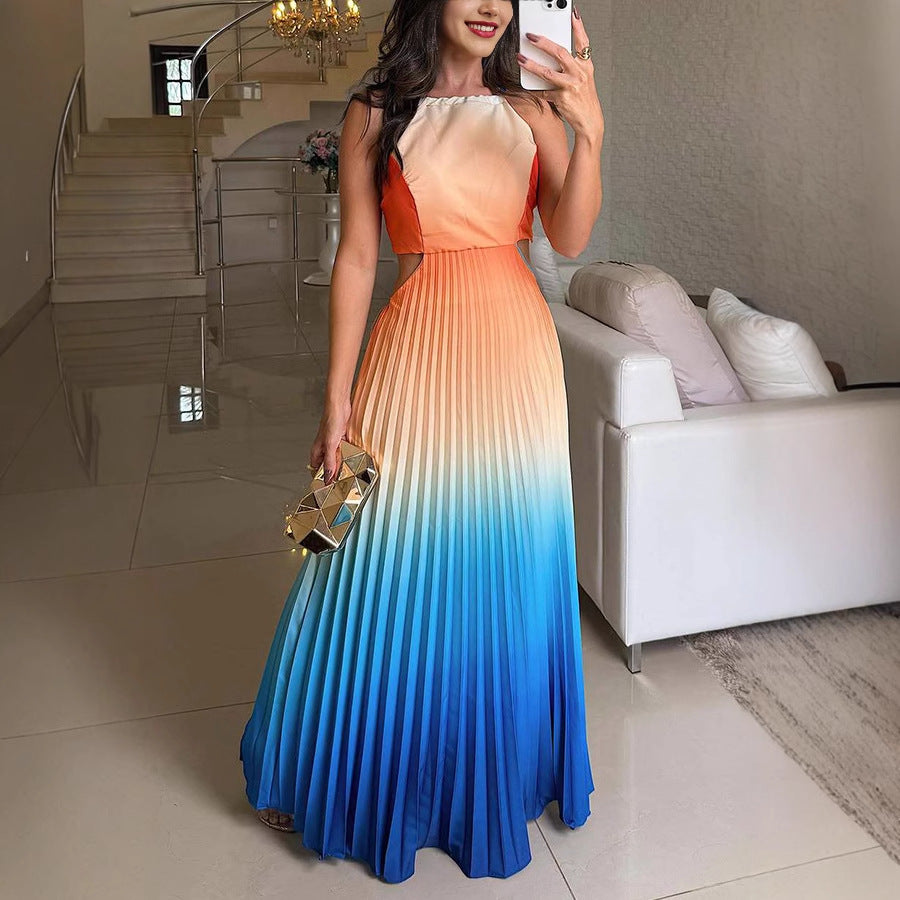Women Fashion Sexy Gradient Pleated Sleeveless Backless Dress