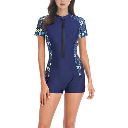 Women Fashion Sexy Printed Stitching Short Sleeve Zipper One Piece Swimsuit